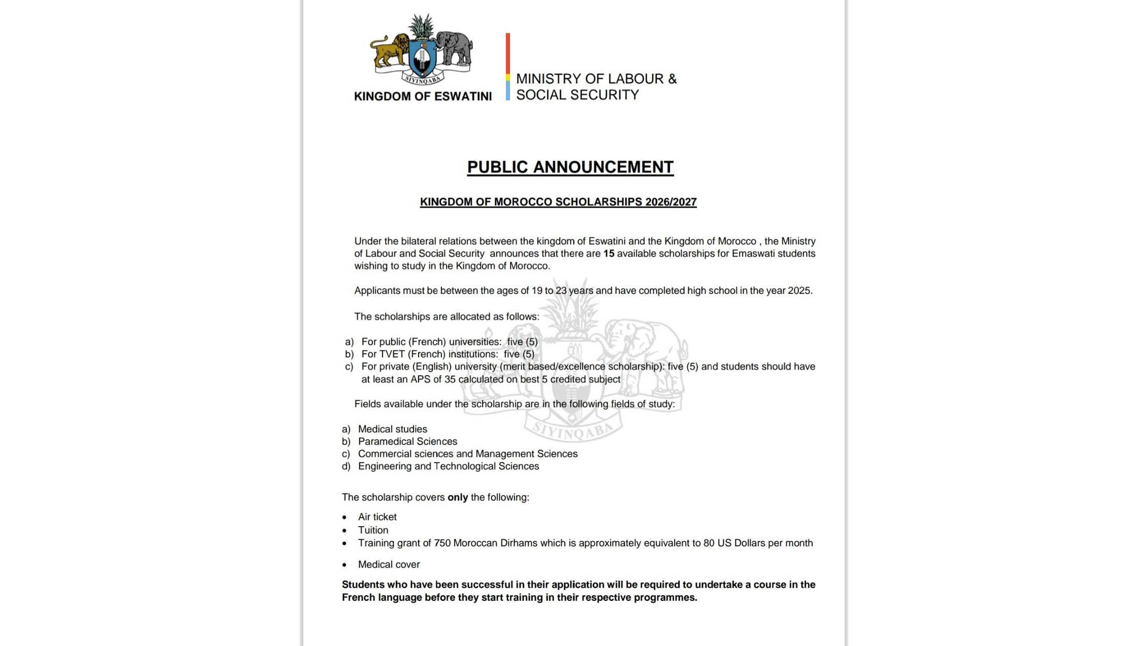 Twenty scholarships have been made available for emaSwati students to pursue higher education in Morocco and Serbia during the 2026/27 academic year.